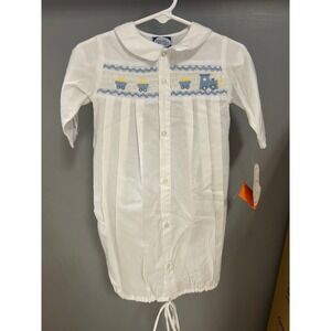 Carriage Boutiques Newborn Smocked Train Day Gown White Blue Embroidery NWT